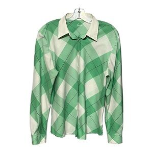 Foxcroft Argyle Plaid Long Sleeve Polo Shirt Green White Wrinkle Free Women’s 14